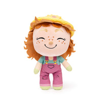Gloria Gardener plush in green shirt and pink overalls with yellow hat - nature-loving career toy for environmental learning