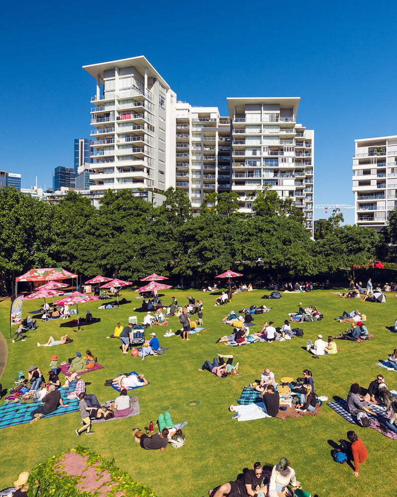 People enjoying a sunny day on a grassy area with buildings in the background