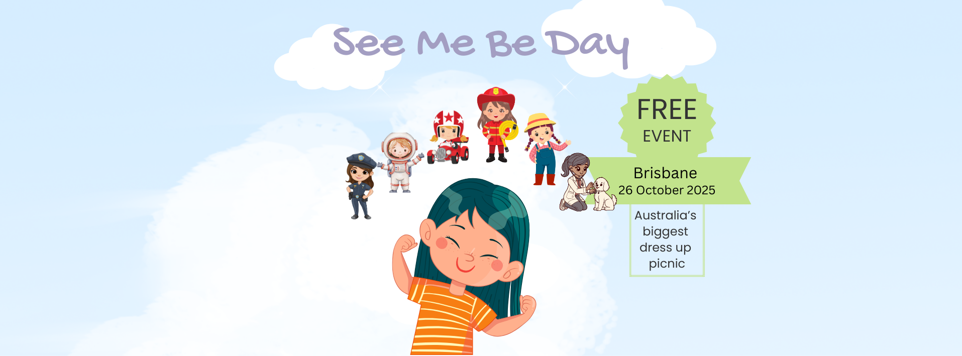 Promotional banner for 'See Me Be Day' event in Brisbane with cartoon characters and text.