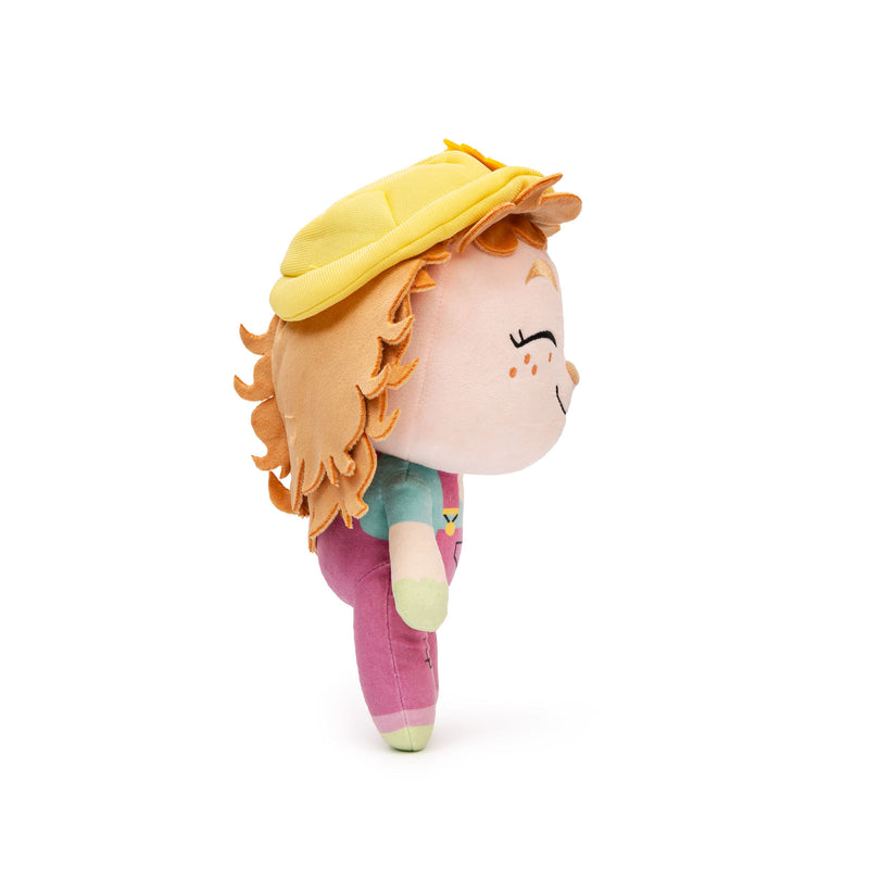 Gloria Gardener plush side view showing gardening uniform details - environmental education toy