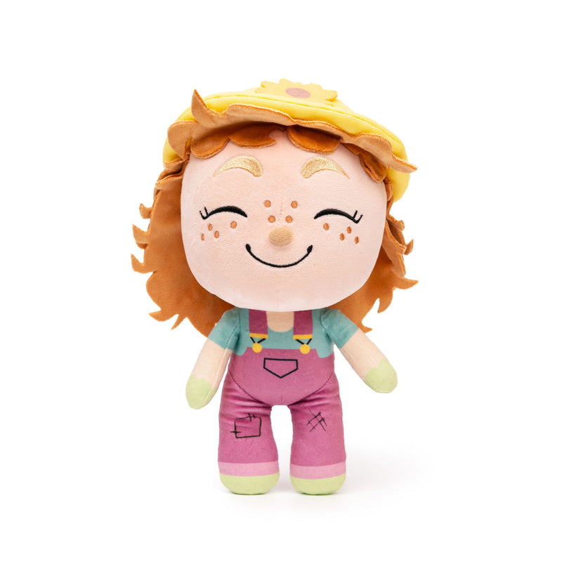 Gloria Gardener plush in green shirt and pink overalls with yellow hat - nature-loving career toy for environmental learning