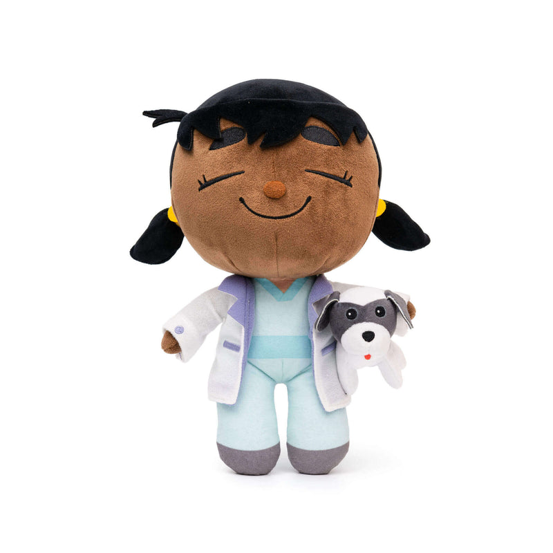 Venus Vet plush in white veterinarian uniform holding animal patient - caring career toy teaching empathy