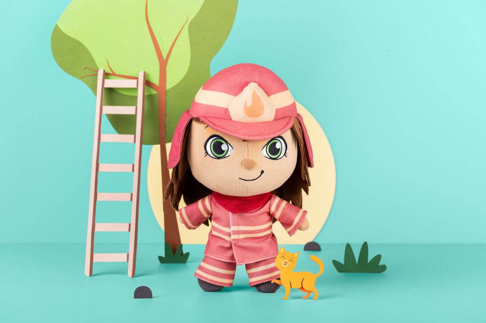 Felicity Firefighter plush doll in a styled paper-crafted scene.