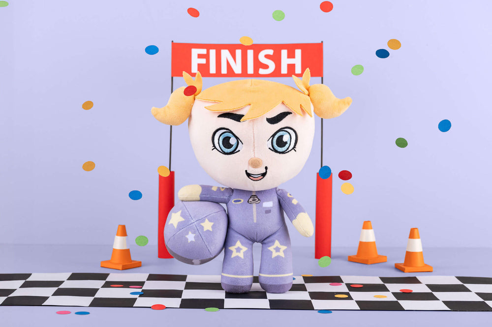 Rosie Racer plush doll in a styled paper-crafted scene.